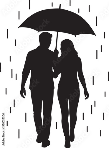 Romantic black silhouette vector illustration of a loving couple walking together under a large umbrella during a rainstorm, depicting love, romance, and togetherness in bad weather conditions.