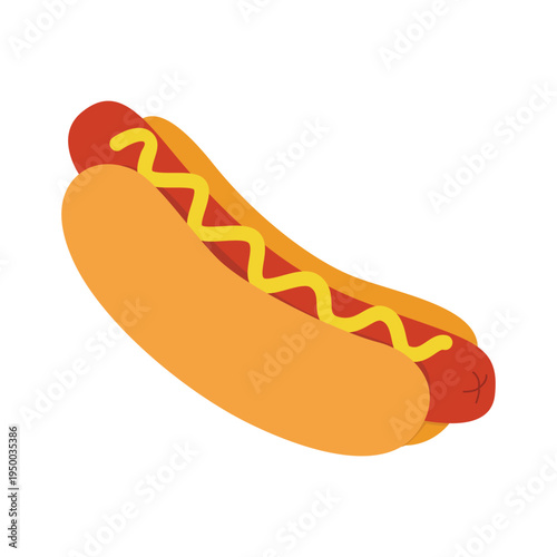 Hot dog with sausage and mustard or ketchup. Classic street food. Flat color vector illustration isolated on a white background