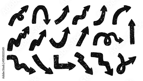 Black Arrows Hand Drawn Set. Trendy Dynamic Wavy Curly Rough Direction symbols collection. Ink Drawing Pointers with loop swirl elements. Vector illustration
