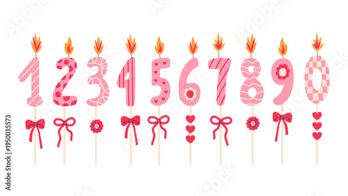 Pink Number Candles with Bows Set. Hand Drawn Cute Burning Girlish Birthday elements with playful coquette aesthetic hearts flowers ribbons. Vector illustration