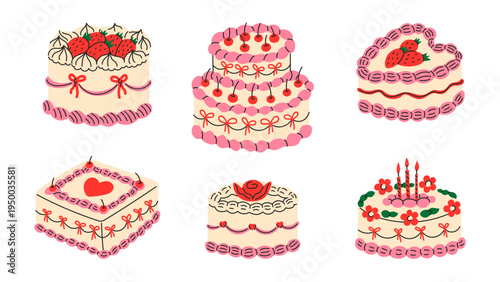 Coquette Vintage Cake Set. Hand Drawn Patisserie Confectionery Pastry Items collection. Sweet Food Dessert with Berries LAce Bows and Whipped Cream. Vector illustration