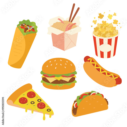 A collection of fast food items: shawarma, Asian noodles, popcorn, hamburger, hot dog, pizza slice, and doner kebab. Traditional street food. Flat color vector illustration