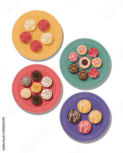 A group of plates with assorted candies on them