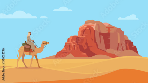 A man rides a camel through the desert