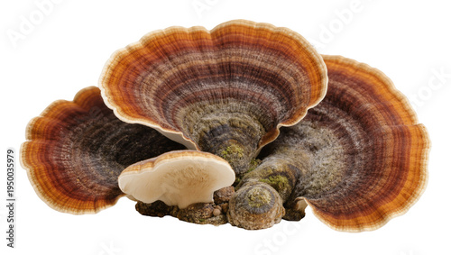Isolated natural colorful fan-shaped bracket fungi growing on wood, a wild organic organism