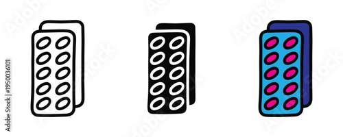 Medicine blister pack icon set. Pharmaceutical tablet strip, healthcare pill capsule, and medical prescription symbols. Vector Illustration.