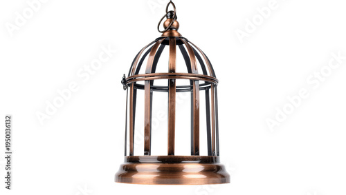 Isolated vintage ornate empty birdcage made of aged copper or bronze metal design element
