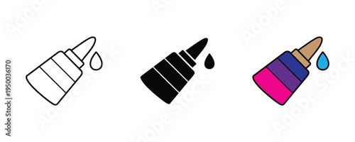 Liquid glue bottle icon set. Adhesive dropper, stationery school supplies, and craft tool symbols. Vector Illustration.
