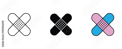 Cross adhesive bandage icon set. Medical plaster for wound care, first aid emergency strips, and healthcare symbols. Vector Illustration.