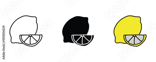 Fresh lemon fruit icon set. Citrus lime slices, organic lemonade ingredient, and healthy food symbols. Vector Illustration.