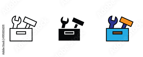 Professional toolbox icon set. Hand tools, equipment storage, and maintenance repair symbols. Vector Illustration.