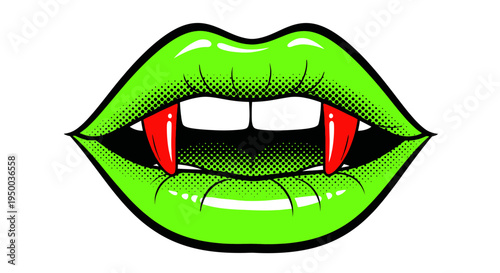 Vampire Lips with Green Glossy Shine and Red Fangs - Halloween Icon