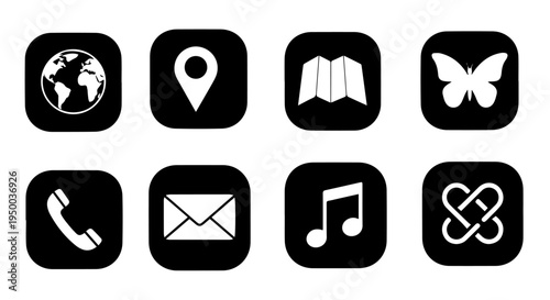 Set of eight black and white icons representing communication, location, and nature