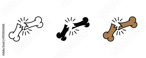 Broken bone fracture icon set. Orthopedic trauma, skeletal injury, and medical x-ray symbols. Vector Illustration.