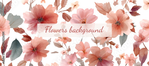 Watercolor floral pattern with delicate pink, peach, and blush flowers and brown green leaves creating a seamless autumn and spring blossom background