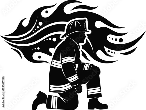 Firefighter kneeling with flame background illustration, brave fire rescue hero symbol, emergency service worker vector design