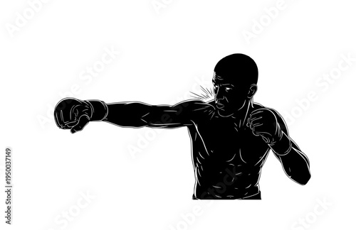 Professional MMA Fighter Connecting Powerful Hook Punch Silhouette, Athlete Striking Goal Vector Sticker, Raw Gritty Combat Sports Action Icon