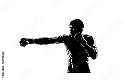 Professional MMA Fighter Connecting Powerful Hook Punch Silhouette, Athlete Striking Goal Vector Sticker, Raw Gritty Combat Sports Action Icon