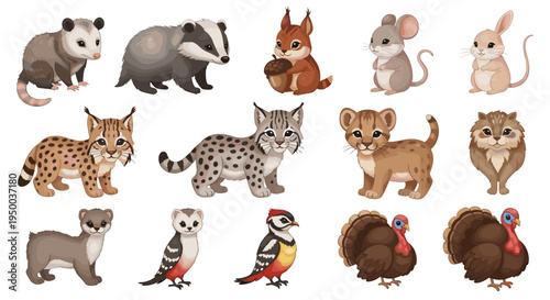 Cute Wildlife Bundle Characters Playing in Forest Landscape: Ideal for Children's Illustration, Education, Storybooks, Woodland Themes, Animal Illustration, Digital Art, Cartoon Style, Positive Emotio