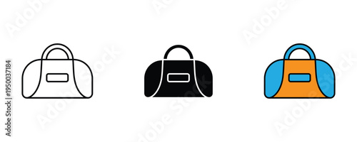 Sports duffel bag icon set. Gym training bag, travel holdall, and athletic equipment storage symbols. Vector Illustration.