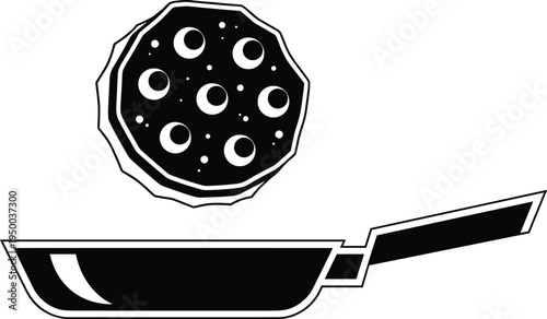 Frying pan cooking icon illustration, pancake flipping in skillet, kitchen cookware food preparation concept, culinary vector graphic
