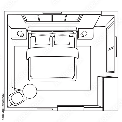 Black and white line of a bedroom with a bed, nightstands, and a window line black and white
