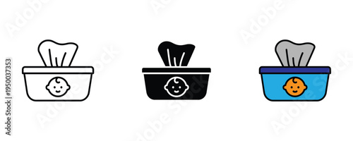 Baby wet wipes container icon set. Hygiene care, facial tissue box, and infant cleaning product symbols. Vector Illustration.