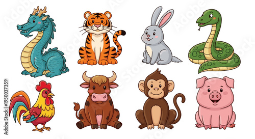 Cartoon Zodiac Animals Sitting Cheerfully: Chinese Lunar New Year Celebration, Cute Characters Dragon, Tiger, Rabbit, Snake, Rooster, Ox, Monkey, Pig for Festive Decorations and Children's Illustratio
