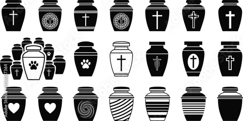 Funeral urn silhouettes collection, memorial cremation urn icons with cross heart and pet paw symbols, remembrance vector illustration