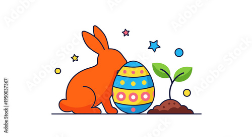 Whimsical Easter Bunny Hiding Colorful Egg in Spring Garden: Celebrating Festive Holiday, Delivering Joy & Happiness, Cartoon Illustration Style, Youthful Design for Greeting Cards, Social Media Posts