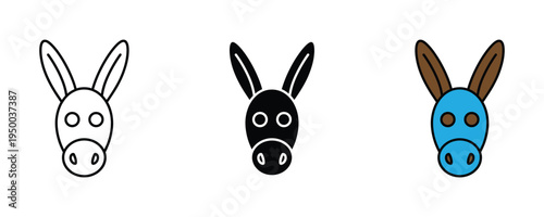 Donkey face icon set. Farm animal head, domestic mule, and livestock character symbols. Vector Illustration.