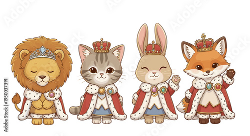 Royal Animals Guarding the Kingdom, Lion, Cat, Rabbit and Fox Wearing Crowns and Capes, Adorable Cartoon Characters Standing Together for a Children's Book Illustration, Sweet and Playful Guardians, A