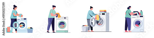 Simple flat vector scene of someone doing laundry with a washing machine, daily home activity, muted colors, minimal shapes, outline-free design, white background
