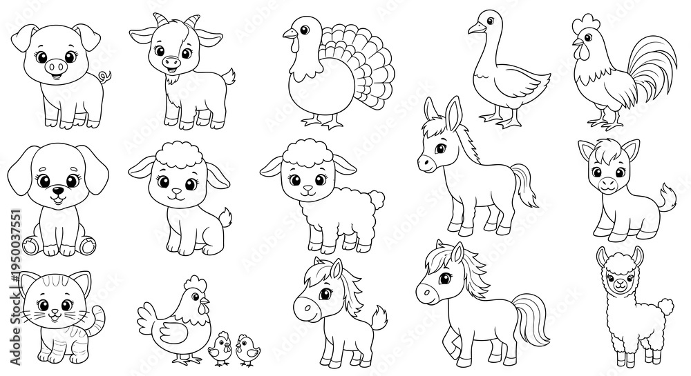 Fototapeta premium Cute Farm Animals Coloring Page for Kids: Adorable Domestic Livestock Outlines Illustration, Cartoonish Characters for Children's Activity Book, Educational Resource, Creative Fun, Pet Therapy, Animal