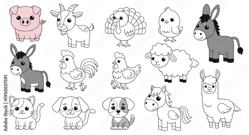 Obraz premium Farm Animals Illustration Set for Coloring Books and Kid's Education: Adorable Cartoon Characters in a Collection for Children's Designs, Farm Themed Projects, Preschool Learning, Cute Vector Art, Agr