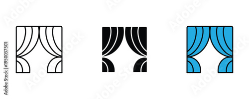 Theater stage curtains icon set. Performance opening, cinema drapery, and grand show premiere symbols. Vector Illustration.