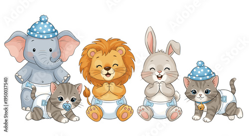 Adorable Baby Animals Nursery Illustration: Elephant, Lion, Rabbit, Kittens Wearing Diapers and Hats, Sitting Together in a Group. Cute Cartoon Style, Smiling, Joyful, Perfect for Children's Decor, Ba