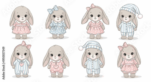 Sleepy Bunnies Bedtime Fun: Cute Cartoon Rabbit Characters in Pajamas Ready for Nighttime Adventures, Sweet Dreams Illustration for Children's Decor, Nursery Art, Baby Shower Invitations, Storybooks D