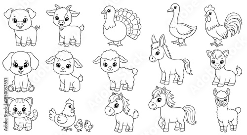 Cute Farm Animals Coloring Page for Kids: Adorable Domestic Livestock Outlines Illustration, Cartoonish Characters for Children's Activity Book, Educational Resource, Creative Fun, Pet Therapy, Animal