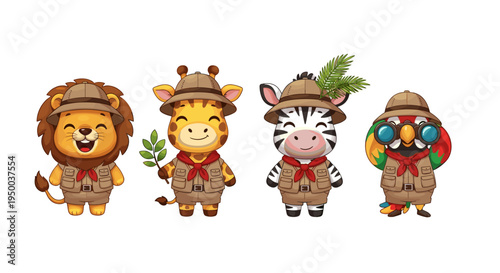 Cartoon Safari Animals Explore Wildlife Preserve: Educating Children About Conservation, Adventure Illustration, Group Adventure, Educational Journey, Cute Animal Characters, Lion Navigator, Giraffe B