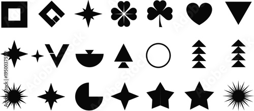 Geometric shapes and symbols collection, abstract star heart clover triangle icons set, minimalist vector design elements pack