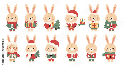 Festive Rabbits Celebrating Christmas: Adorable Bunny Characters in Winter Holiday Outfits Bringing Cheer and Gifts, Joyful Season, Cute Animal Vector Illustration for Greeting Cards, Children's Decor