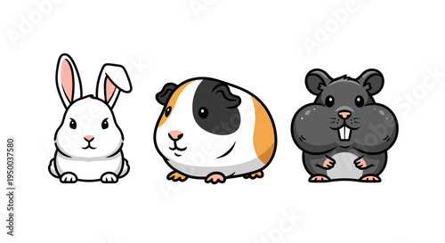 Adorable Cartoon Pet Animals Illustration: Rabbit, Guinea Pig, and Hamster Posing for a Cute Portrait on White Background – Perfect for Children's Illustration, Veterinary, Education, Mascot Designs,