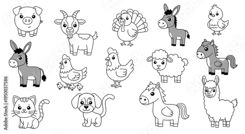 Cute Farm Animal Illustrations for Children's Coloring Pages: Adorable Cartoon Creature Line Drawings of Pig, Goat, Turkey, Donkey, Chicken, Sheep, Horse, Llama, Cat, Dog in Playful Outline Style for