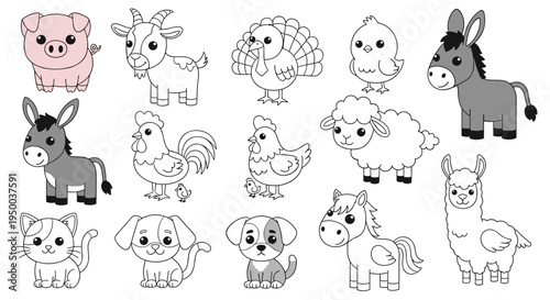 Farm Animals Illustration Set for Coloring Books and Kid's Education: Adorable Cartoon Characters in a Collection for Children's Designs, Farm Themed Projects, Preschool Learning, Cute Vector Art, Agr