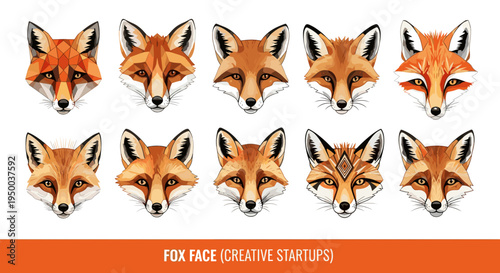 Ten Geometric Fox Heads: Diverse Designs for Creative Startups, Wildlife Conservation, Fashion Prints, Graphic Design Projects, Animal Illustrations, Mascot Creation, Logo Design, Art Prints, Children