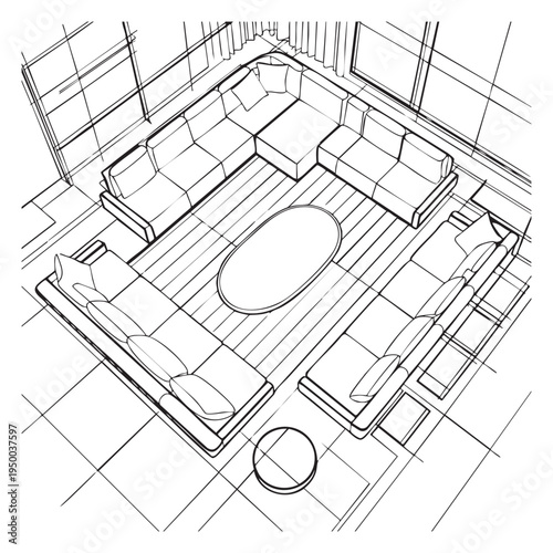 Black and white line of a living room with a central coffee table and two sofas line black and white