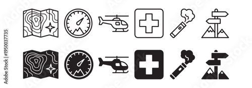 Adventure and Navigation Icons Set - Map, Compass, Helicopter, First Aid, Torch, Trail Sign, Outline and Glyph Style