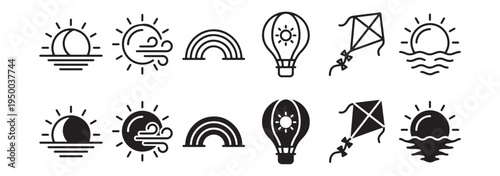 Weather and Sky Icons Set - Sunrise, Wind, Rainbow, Hot Air Balloon, Kite, Ocean Sun, Outline and Glyph Style
