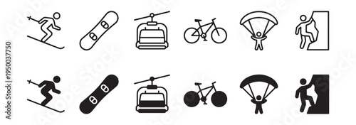 Outdoor Adventure Sports Icons Set - Skiing, Snowboarding, Cable Car, Cycling, Skydiving, Rock Climbing